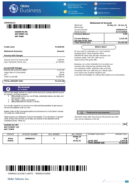Philippines Globe Business business utility bill template in Word and PDF formats